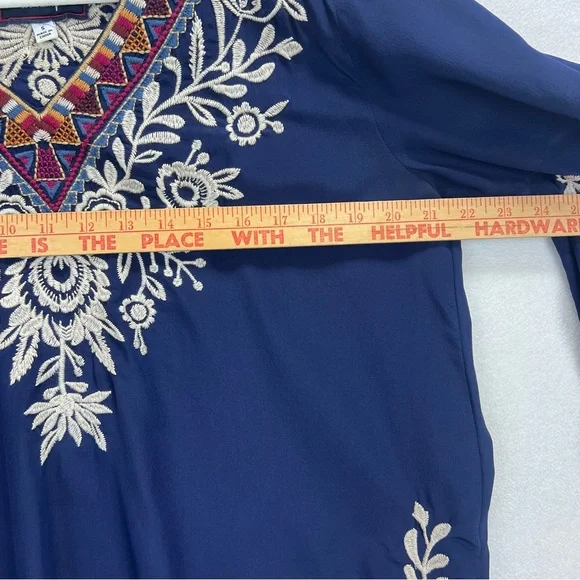 Johnny Was Workshop Silk Top Tunic Embroidered V-Neck Navy Blue Boho Size S - Picture 7 of 9